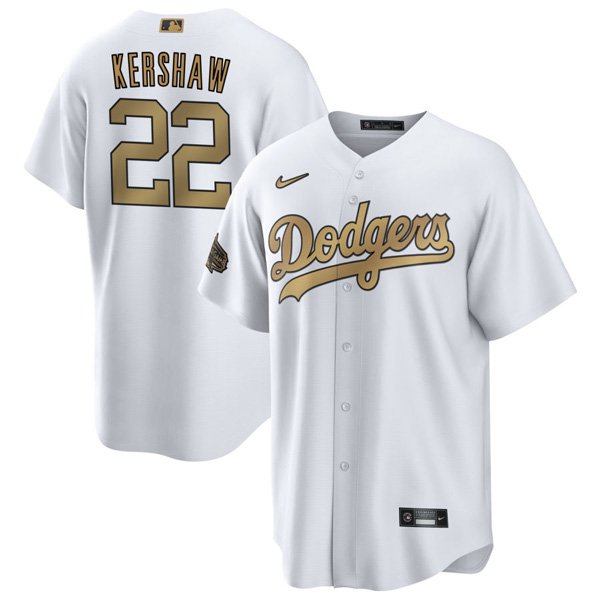 Men's Los Angeles Dodgers #22 Clayton Kershaw 2022 All-Star White Cool Base Stitched Baseball Jersey - Click Image to Close